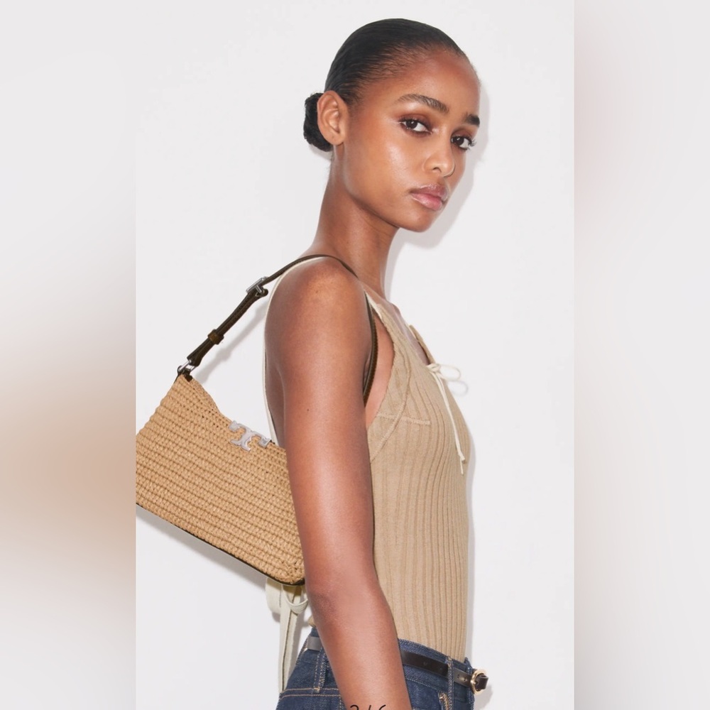 Tory Burch Tan Raffia Shoulder Bag with Dark Brown Strap and Silver Logo - Picture 5 of 6